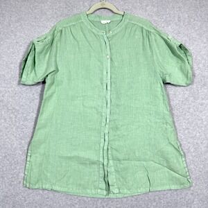 Poetry Top Womens 10 Linen Tunic Button Down Roll Tab Sleeve Light Green Coastal
